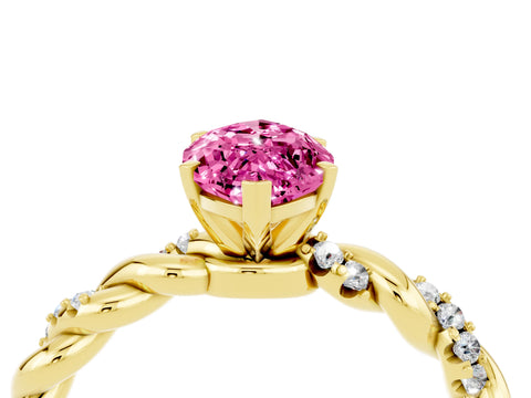 Yellow gold Marquise Cut Pink Sapphire Solitaire Ring with Twisted Band and Pavé Accents_4