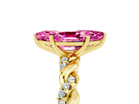 Yellow gold Marquise Cut Pink Sapphire Solitaire Ring with Twisted Band and Pavé Accents_5