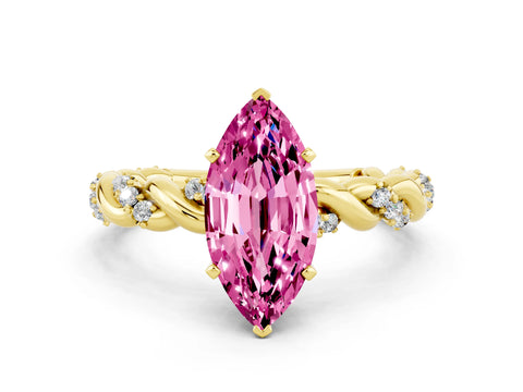 Yellow gold Marquise Cut Pink Sapphire Solitaire Ring with Twisted Band and Pavé Accents