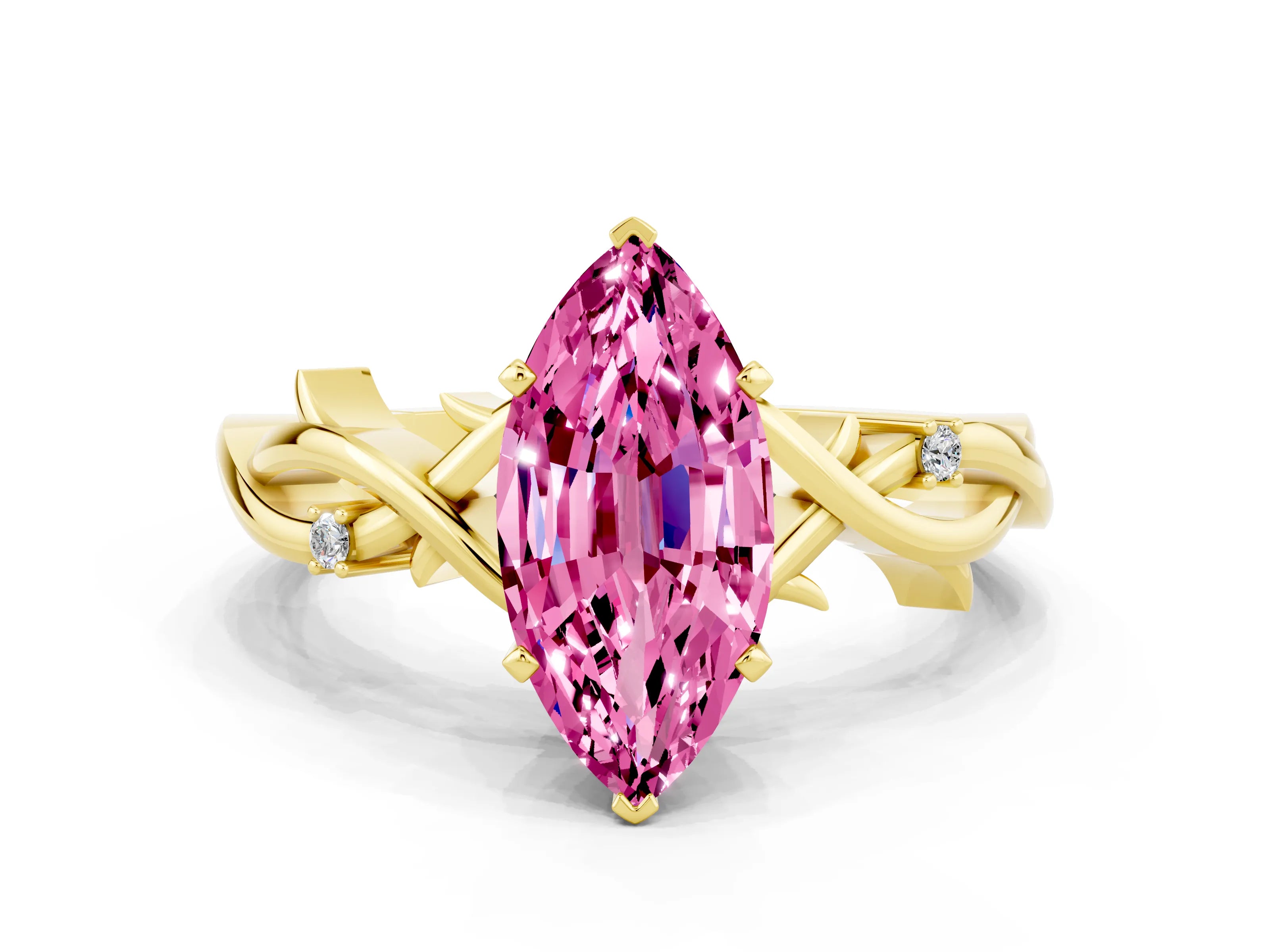 Yellow gold Marquise Cut Pink Sapphire Solitaire Ring with Twisted Band and Prong Setting