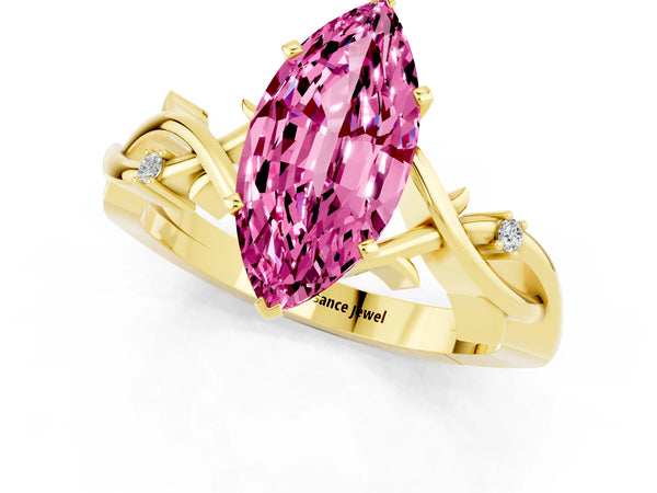 Yellow gold Marquise Cut Pink Sapphire Solitaire Ring with Twisted Band and Prong Setting