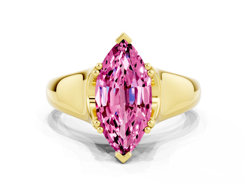 Yellow gold Marquise Cut Pink Sapphire Solitaire Ring with Wide Band and Prong Setting_24