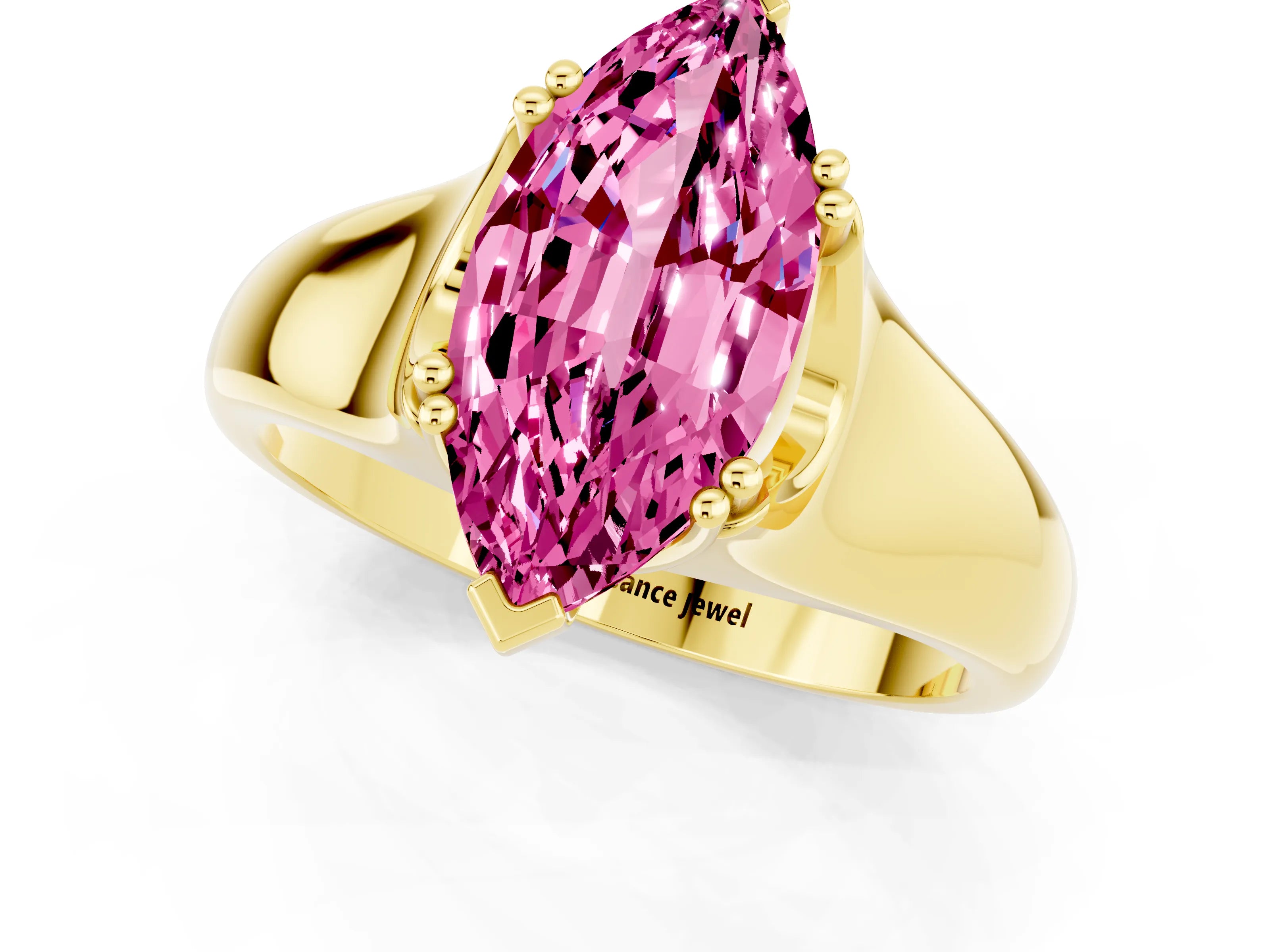 Yellow gold Marquise Cut Pink Sapphire Solitaire Ring with Wide Band and Prong Setting_25