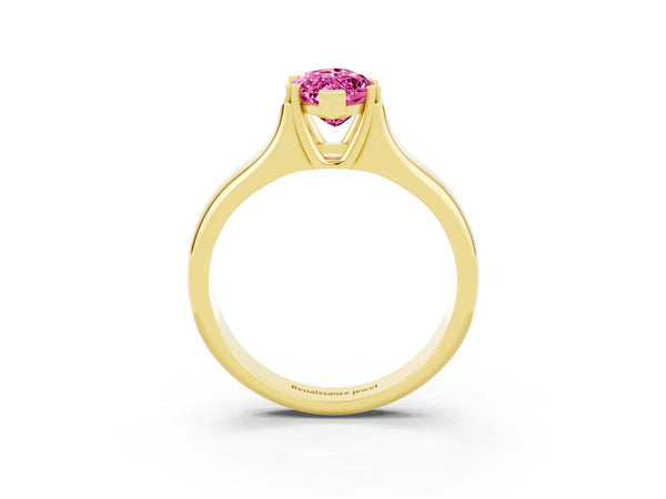 Yellow gold Marquise Cut Pink Sapphire Solitaire Ring with Wide Band and Prong Setting