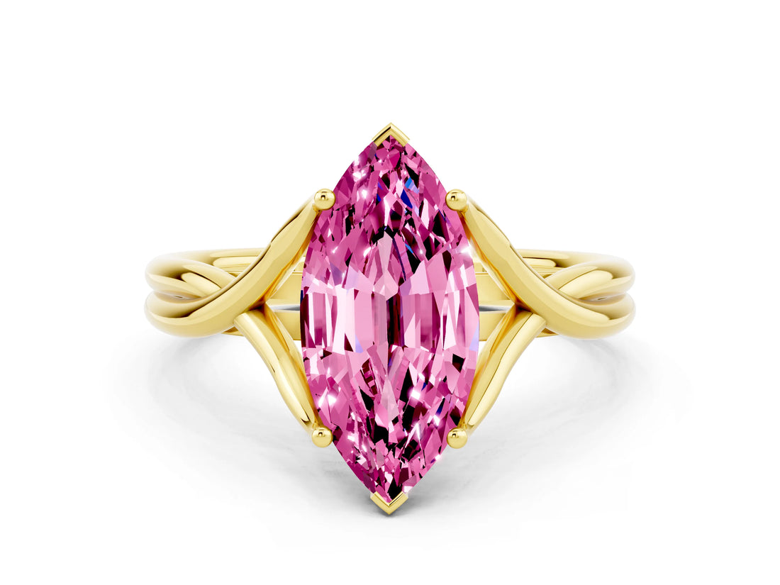 Yellow gold Marquise Cut Pink Sapphire Solitaire Twist Band Prong Setting Ring_84