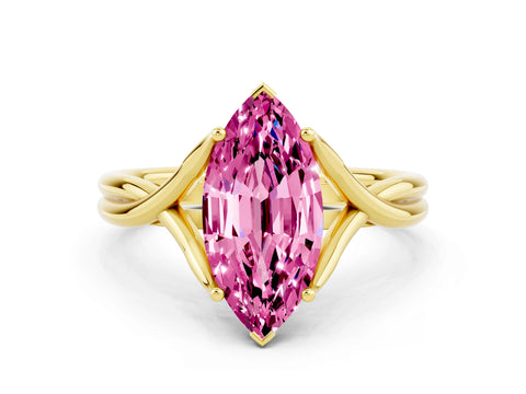 Yellow gold Marquise Cut Pink Sapphire Solitaire Twist Band Prong Setting Ring_84