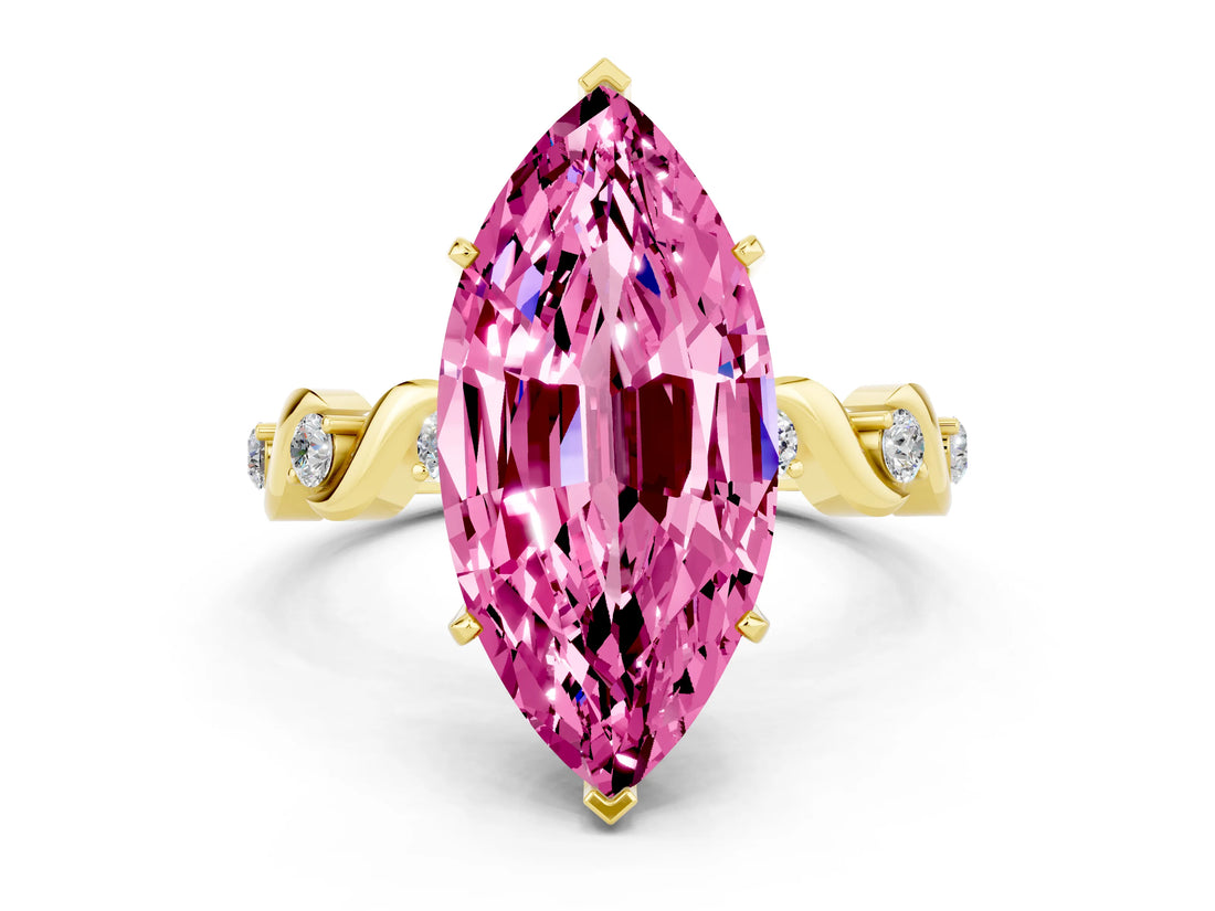 Yellow gold Marquise Cut Pink Sapphire Solitaire Twisted Band with Round  Accents and Prong Setting_12