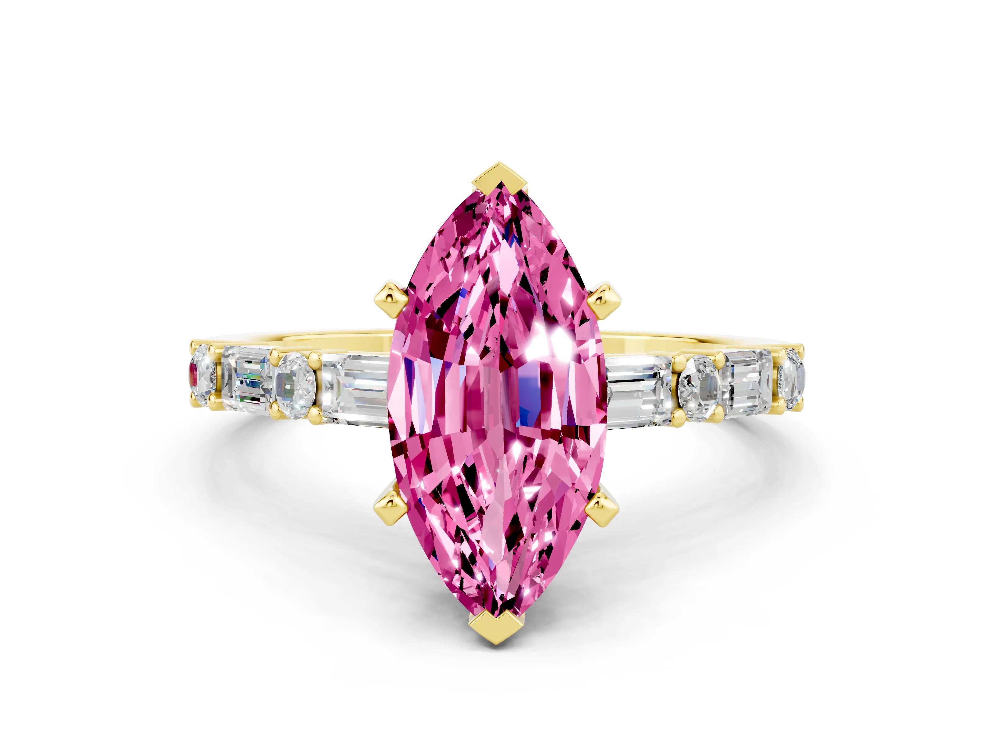 Yellow gold Marquise Cut Pink Sapphire Solitaire with Side Baguettes and Channel Set Band_24