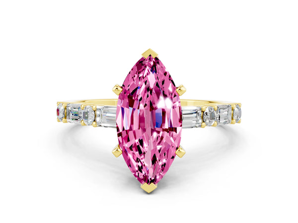 Yellow gold Marquise Cut Pink Sapphire Solitaire with Side Baguettes and Channel Set Band