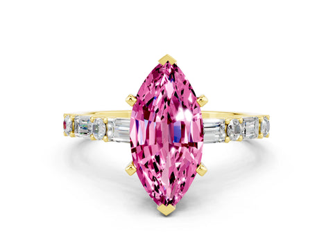 Yellow gold Marquise Cut Pink Sapphire Solitaire with Side Baguettes and Channel Set Band_24