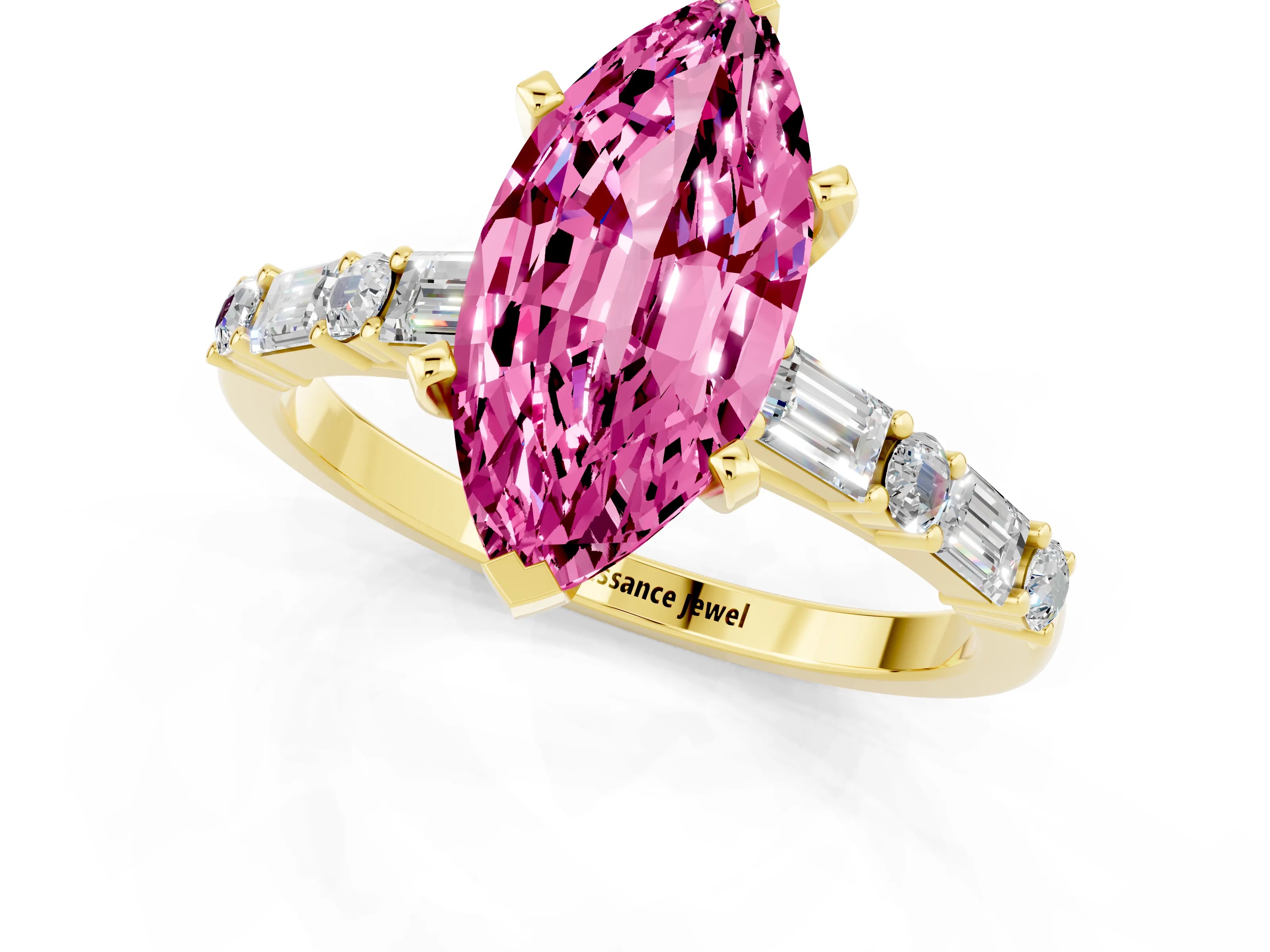 Yellow gold Marquise Cut Pink Sapphire Solitaire with Side Baguettes and Channel Set Band_25