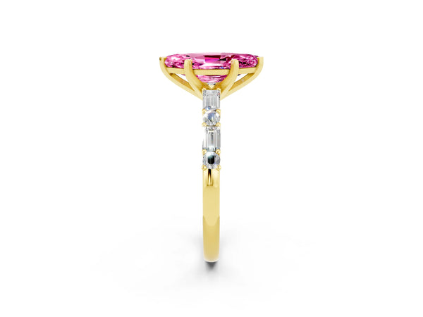 Yellow gold Marquise Cut Pink Sapphire Solitaire with Side Baguettes and Channel Set Band