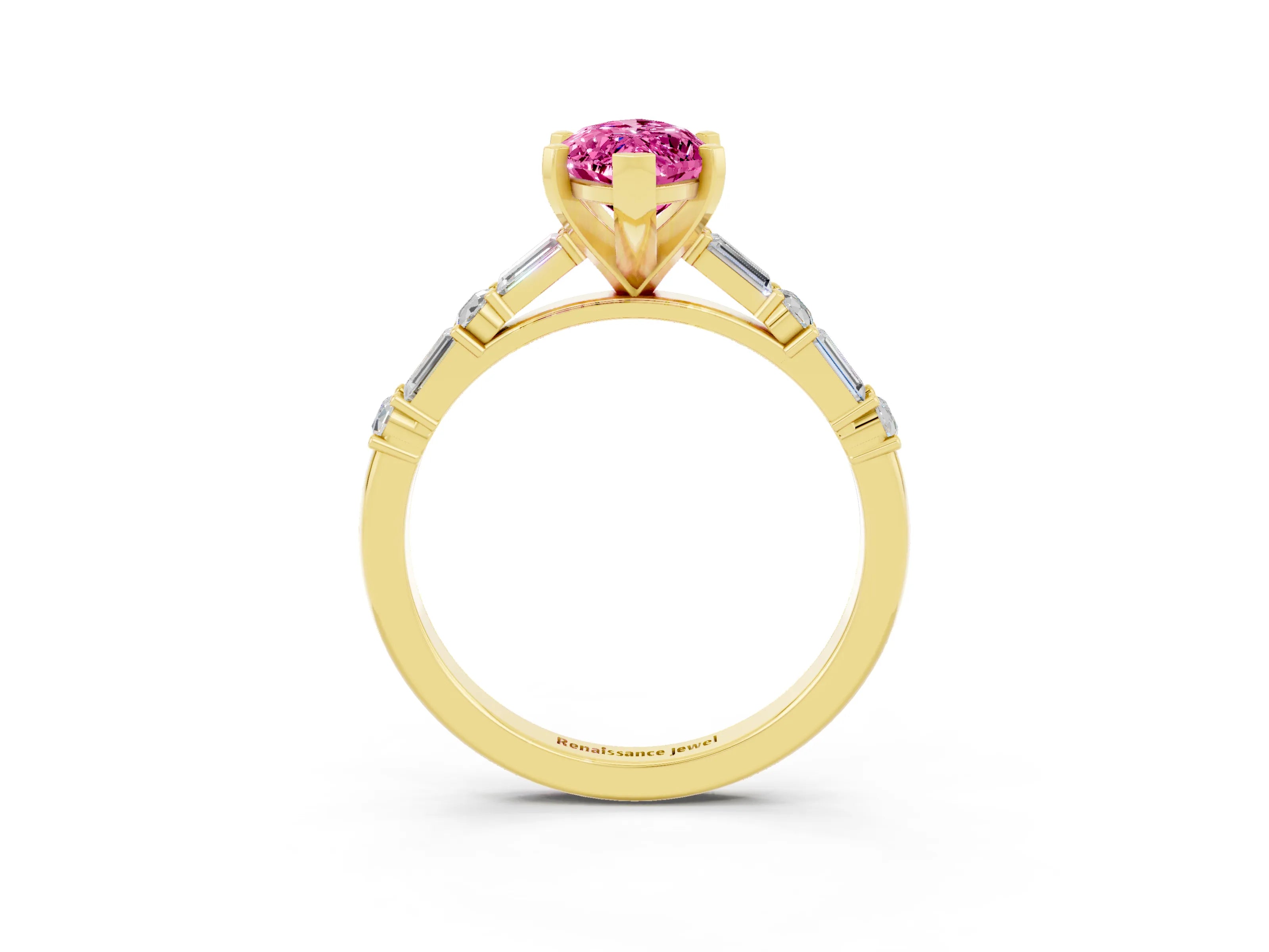Yellow gold Marquise Cut Pink Sapphire Solitaire with Side Baguettes and Channel Set Band_27