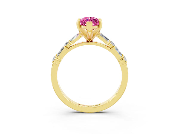 Yellow gold Marquise Cut Pink Sapphire Solitaire with Side Baguettes and Channel Set Band