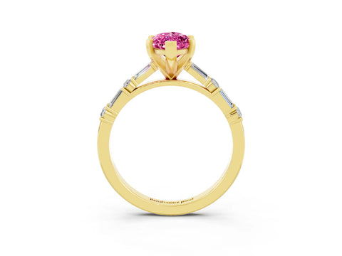 Yellow gold Marquise Cut Pink Sapphire Solitaire with Side Baguettes and Channel Set Band_27
