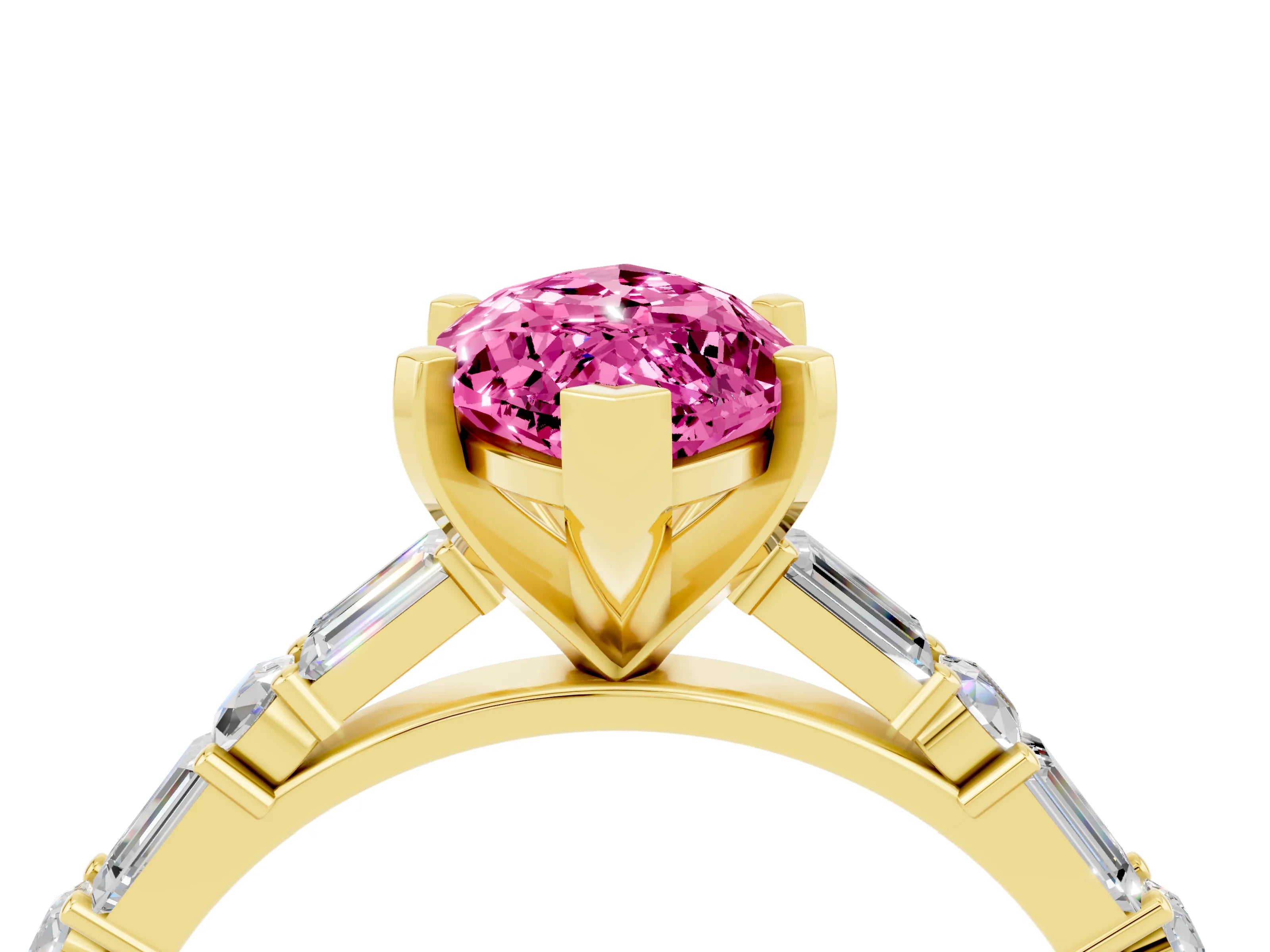 Yellow gold Marquise Cut Pink Sapphire Solitaire with Side Baguettes and Channel Set Band_28