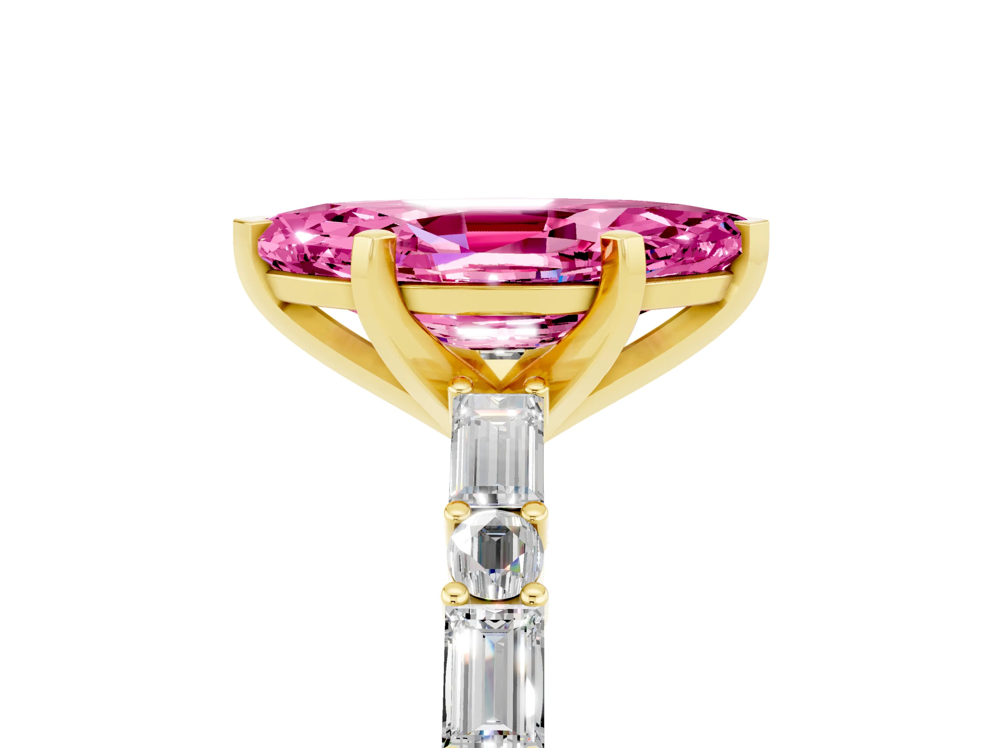 Yellow gold Marquise Cut Pink Sapphire Solitaire with Side Baguettes and Channel Set Band_29