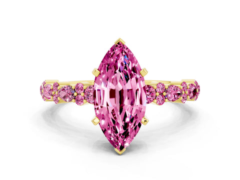Yellow gold Marquise Cut Pink Sapphire Solitaire with Side Stones, Pave Band, Four-Prong Setting_12