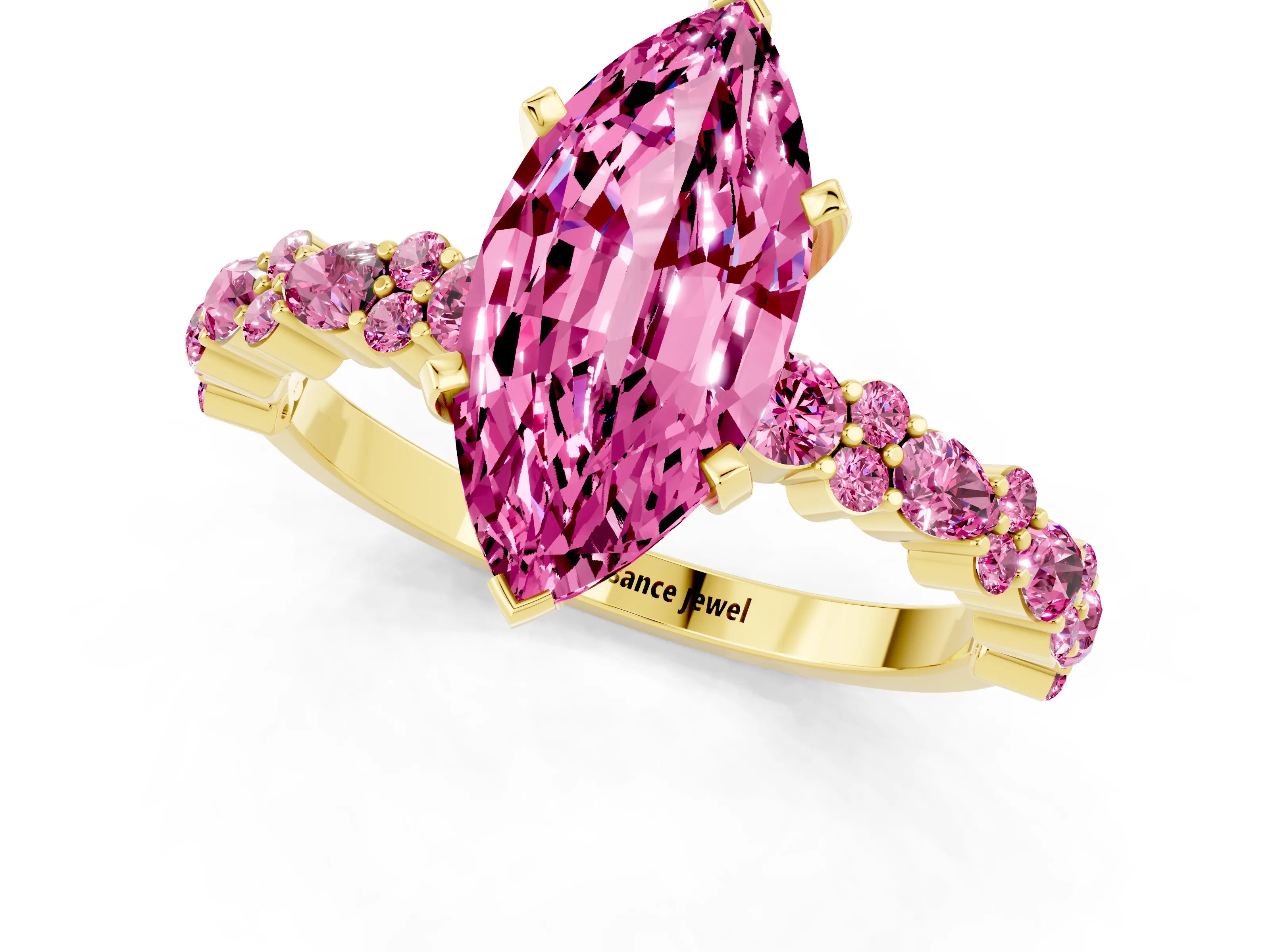 Yellow gold Marquise Cut Pink Sapphire Solitaire with Side Stones, Pave Band, Four-Prong Setting_13