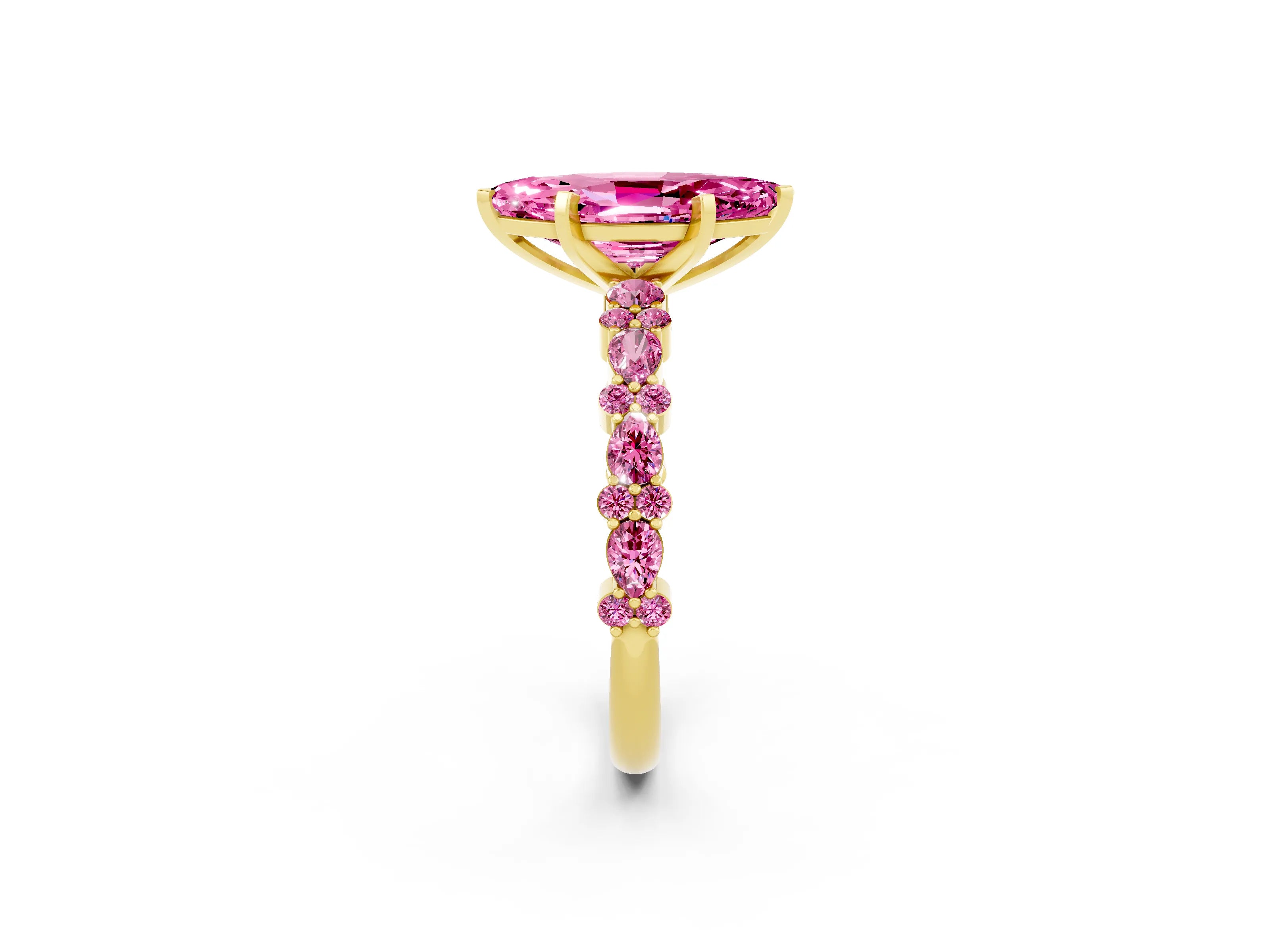 Yellow gold Marquise Cut Pink Sapphire Solitaire with Side Stones, Pave Band, Four-Prong Setting_14