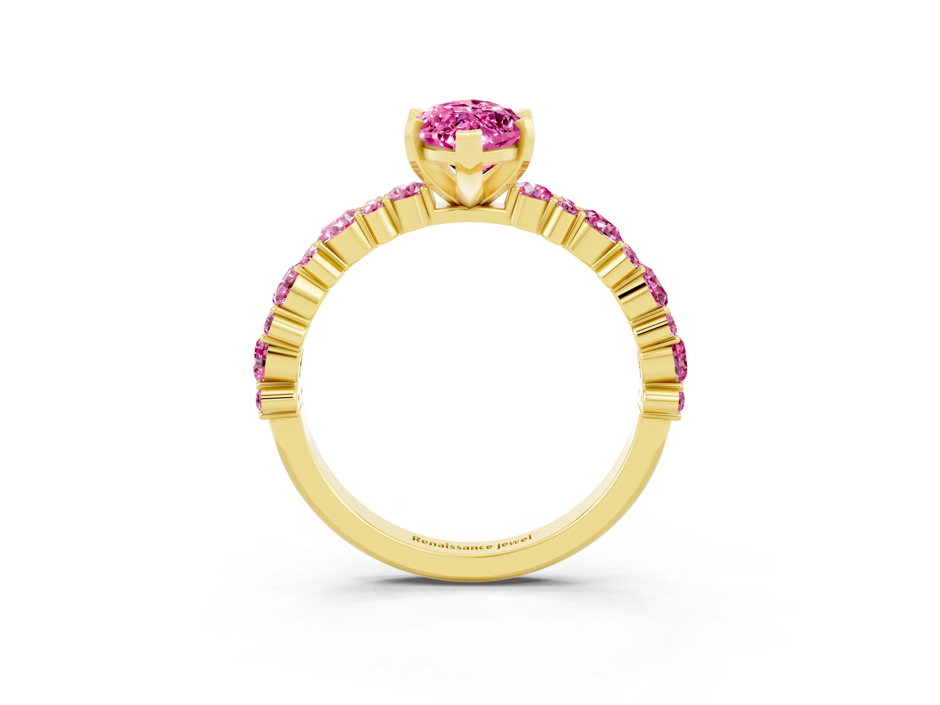 Yellow gold Marquise Cut Pink Sapphire Solitaire with Side Stones, Pave Band, Four-Prong Setting_15
