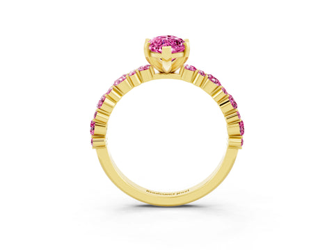 Yellow gold Marquise Cut Pink Sapphire Solitaire with Side Stones, Pave Band, Four-Prong Setting_15
