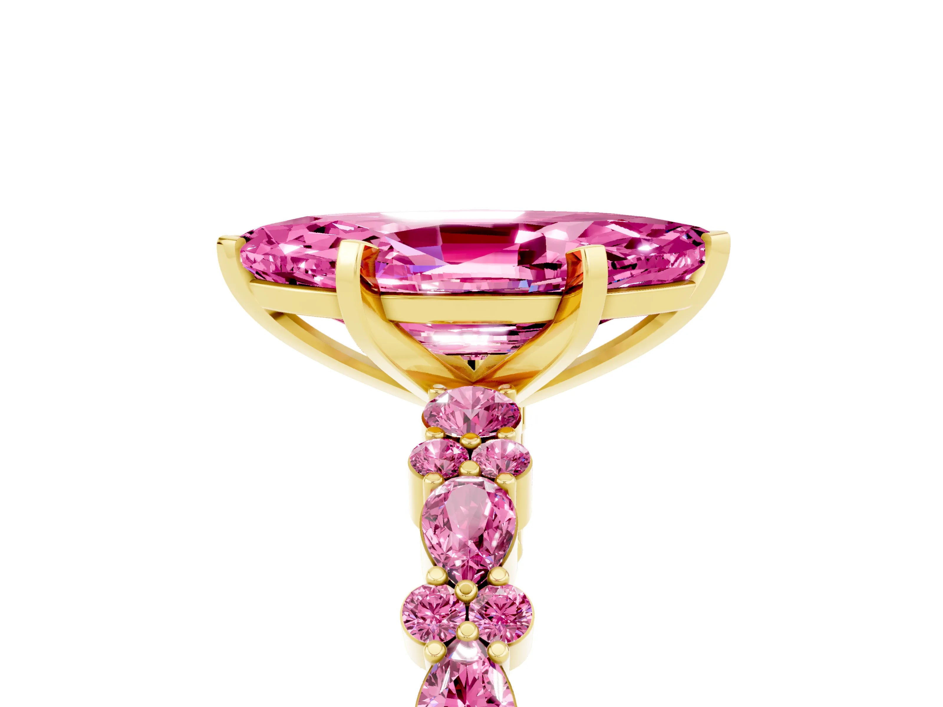 Yellow gold Marquise Cut Pink Sapphire Solitaire with Side Stones, Pave Band, Four-Prong Setting_17