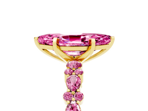 Yellow gold Marquise Cut Pink Sapphire Solitaire with Side Stones, Pave Band, Four-Prong Setting_17