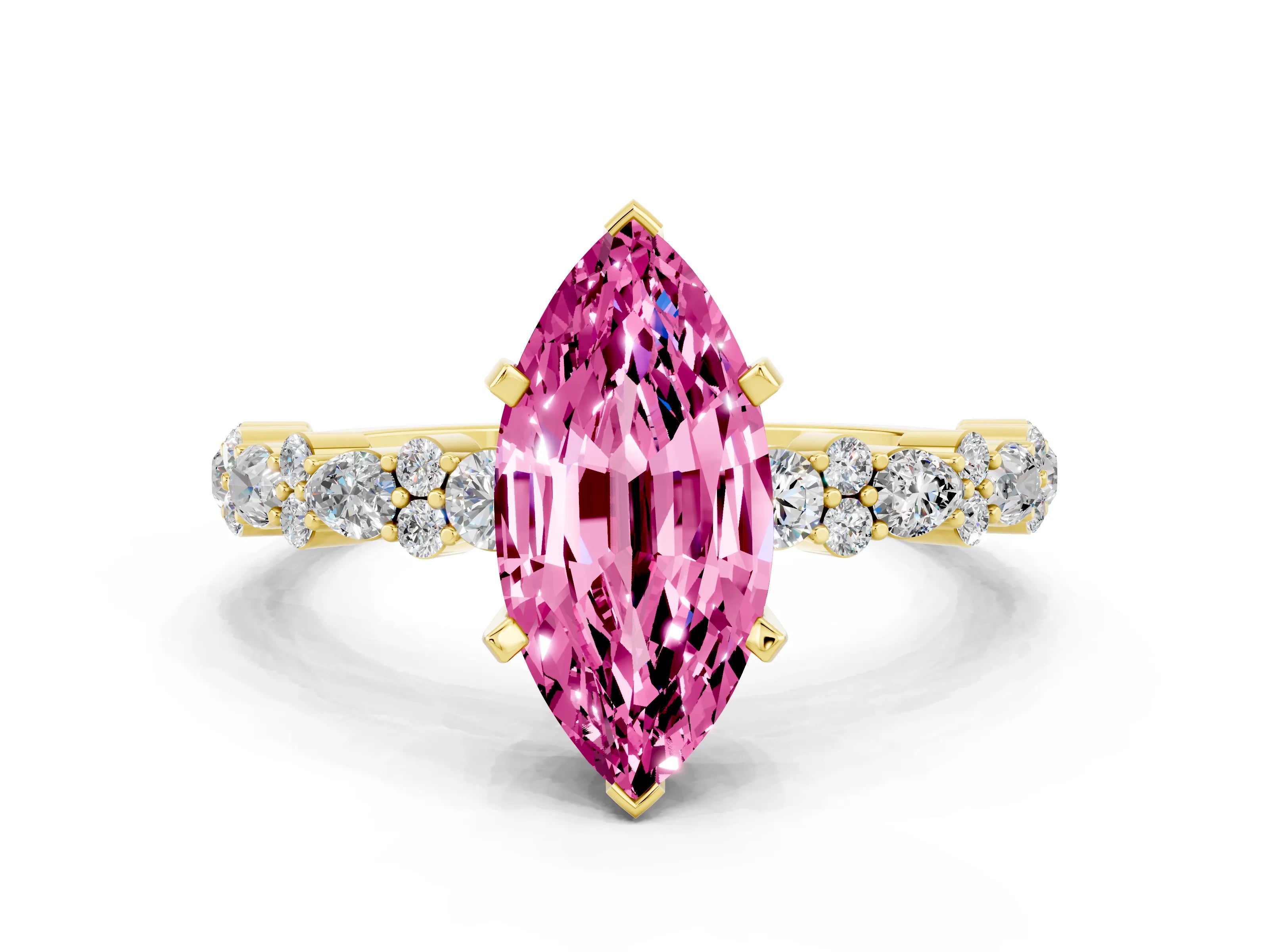 Yellow gold Marquise Cut Pink Sapphire Solitaire with Side Stones, Pave Band, Four-Prong Setting_60