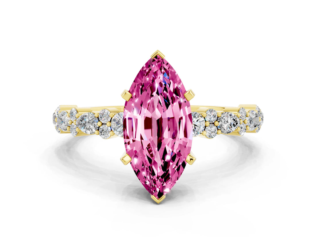 Yellow gold Marquise Cut Pink Sapphire Solitaire with Side Stones, Pave Band, Four-Prong Setting_60
