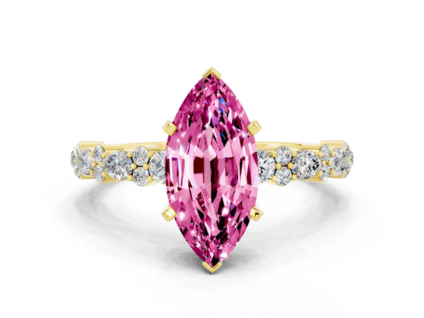 Yellow gold Marquise Cut Pink Sapphire Side Stone Solitaire Ring with Round  and Four-Prong Setting
