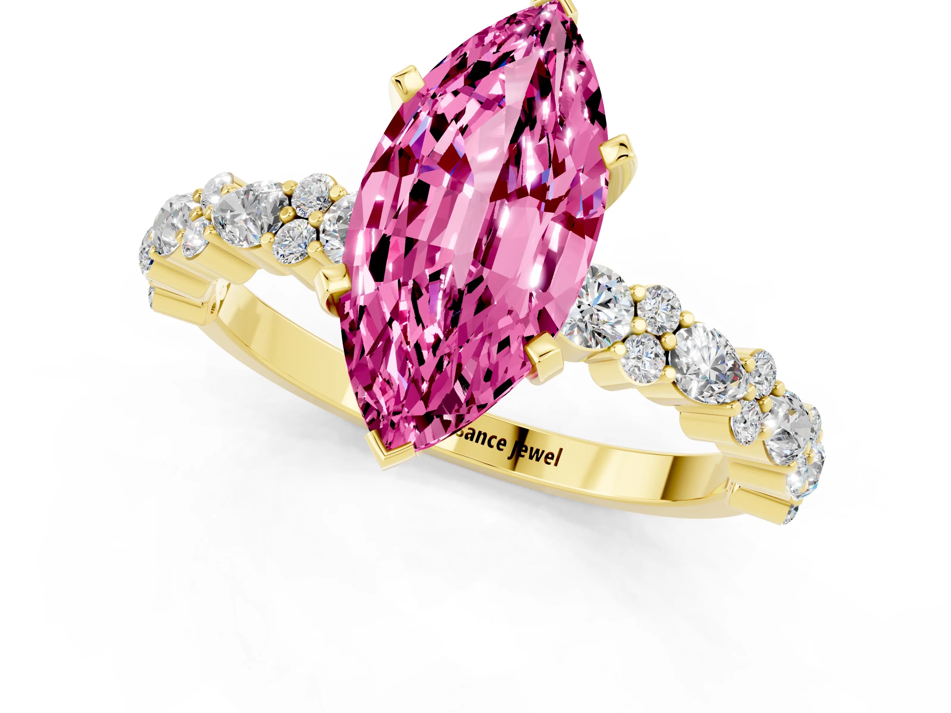 Yellow gold Marquise Cut Pink Sapphire Solitaire with Side Stones, Pave Band, Four-Prong Setting_61