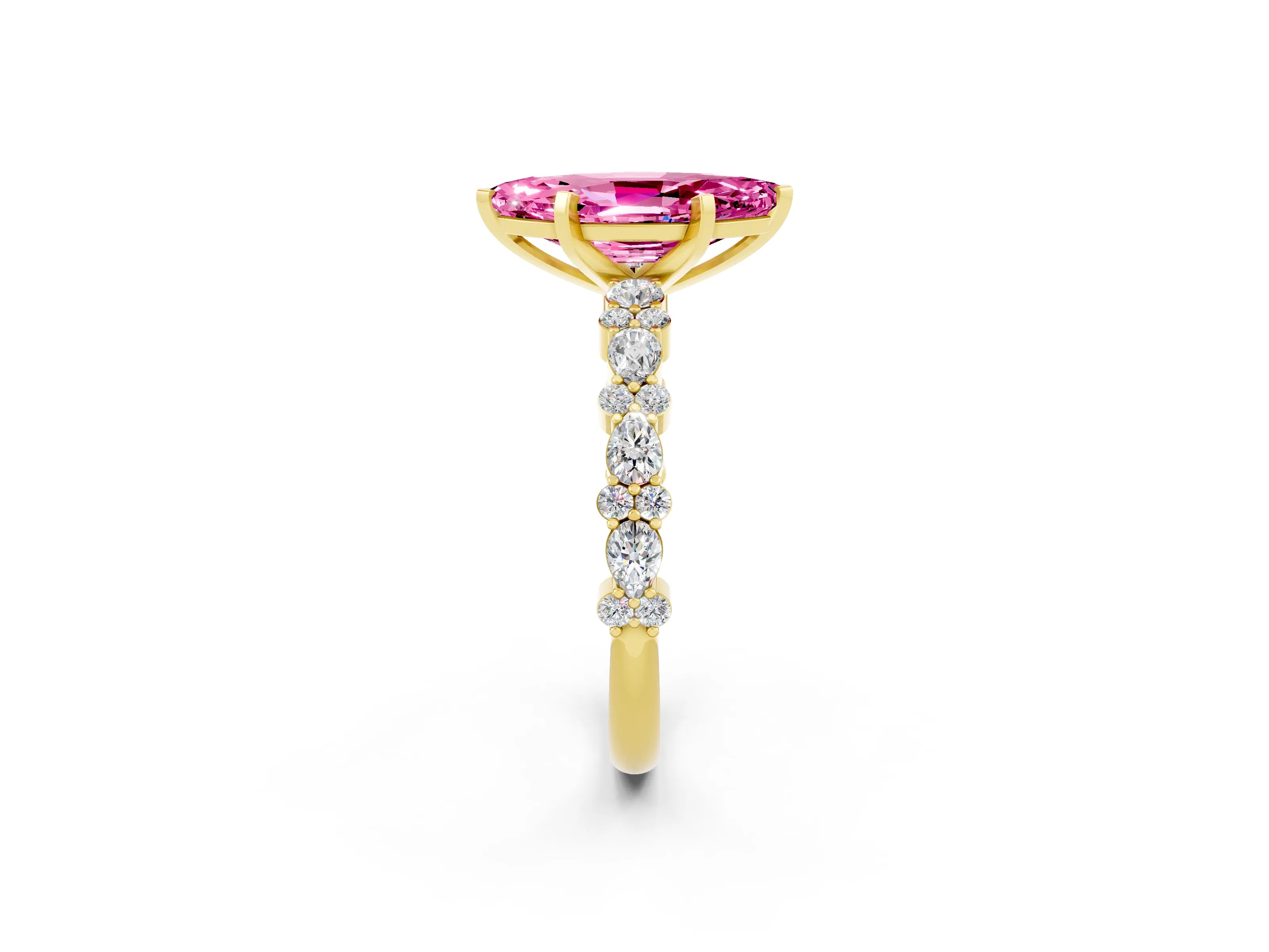 Yellow gold Marquise Cut Pink Sapphire Solitaire with Side Stones, Pave Band, Four-Prong Setting_62
