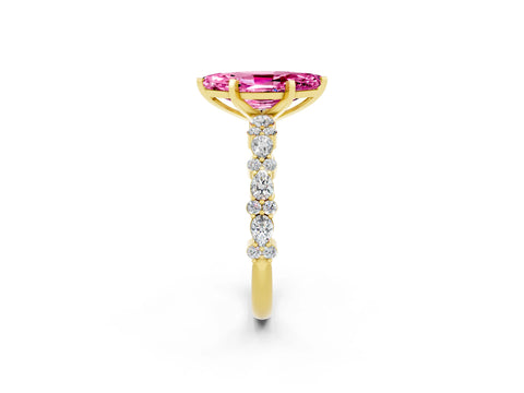 Yellow gold Marquise Cut Pink Sapphire Solitaire with Side Stones, Pave Band, Four-Prong Setting_62