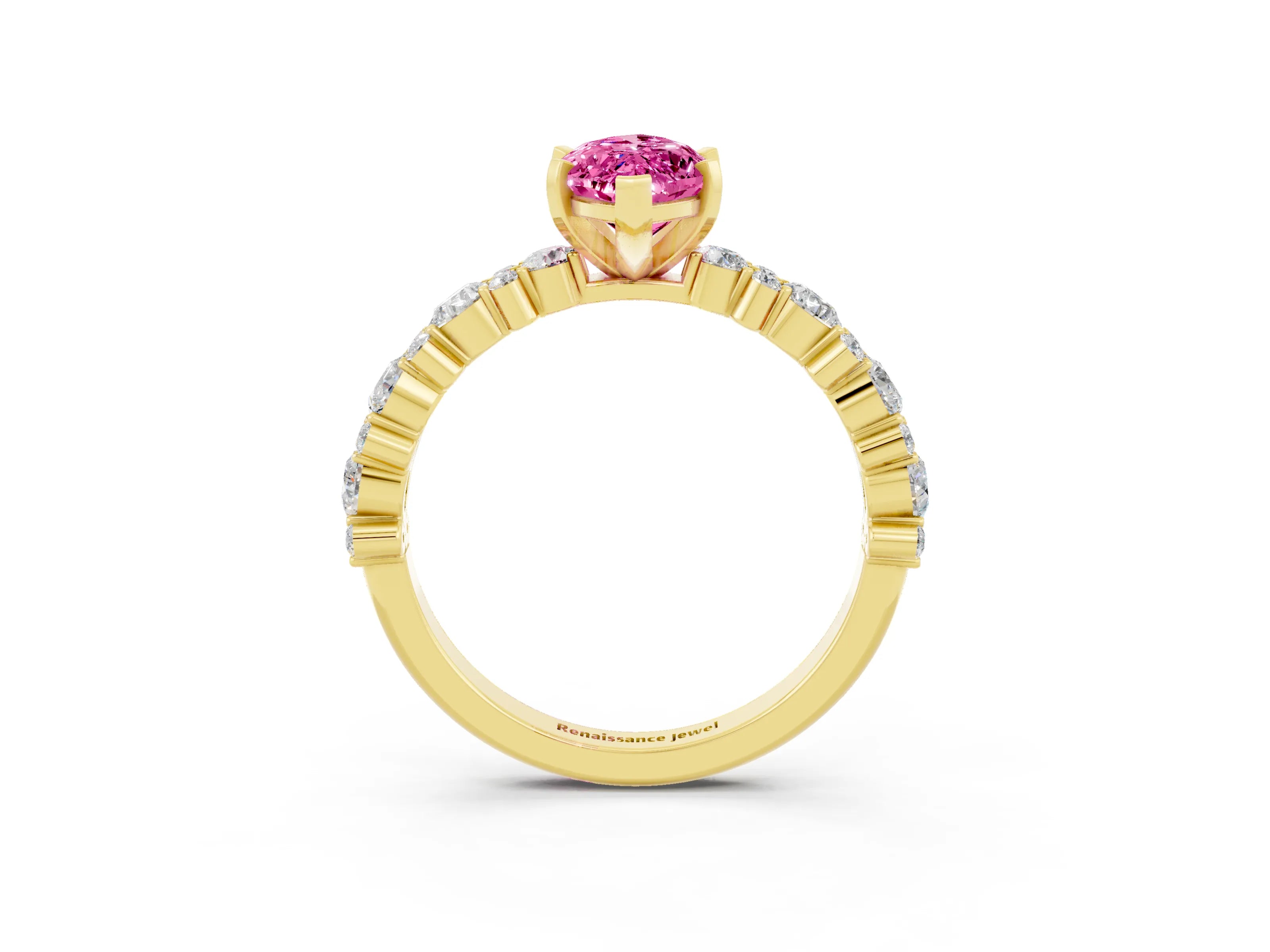 Yellow gold Marquise Cut Pink Sapphire Solitaire with Side Stones, Pave Band, Four-Prong Setting_63