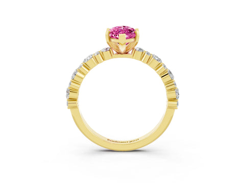 Yellow gold Marquise Cut Pink Sapphire Solitaire with Side Stones, Pave Band, Four-Prong Setting_63