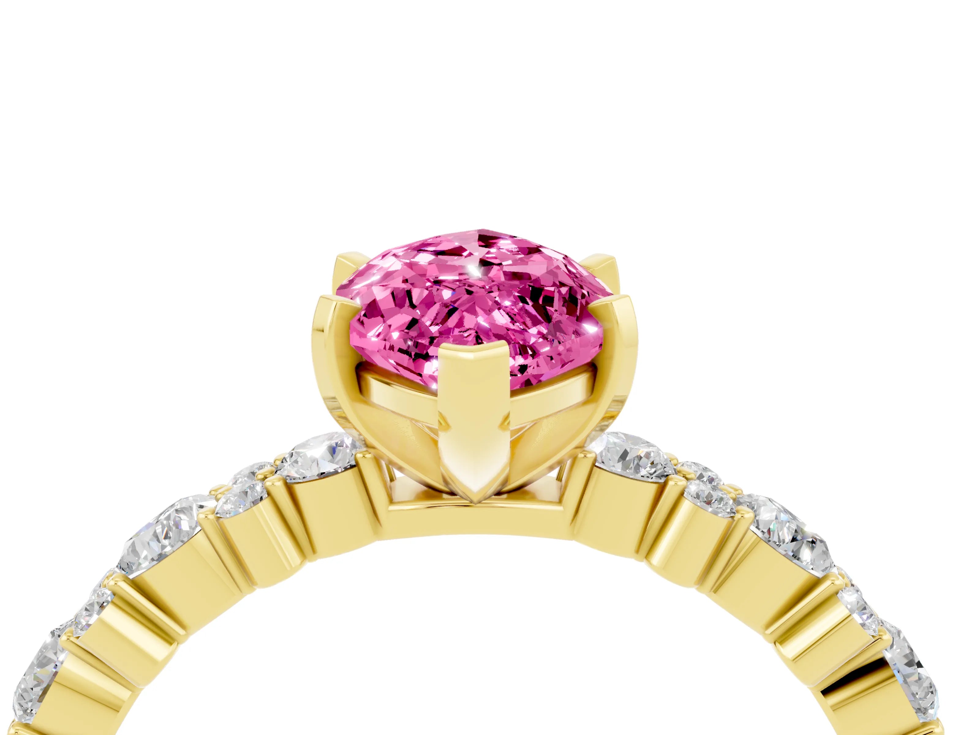 Yellow gold Marquise Cut Pink Sapphire Solitaire with Side Stones, Pave Band, Four-Prong Setting_64