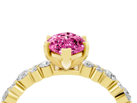 Yellow gold Marquise Cut Pink Sapphire Solitaire with Side Stones, Pave Band, Four-Prong Setting_64