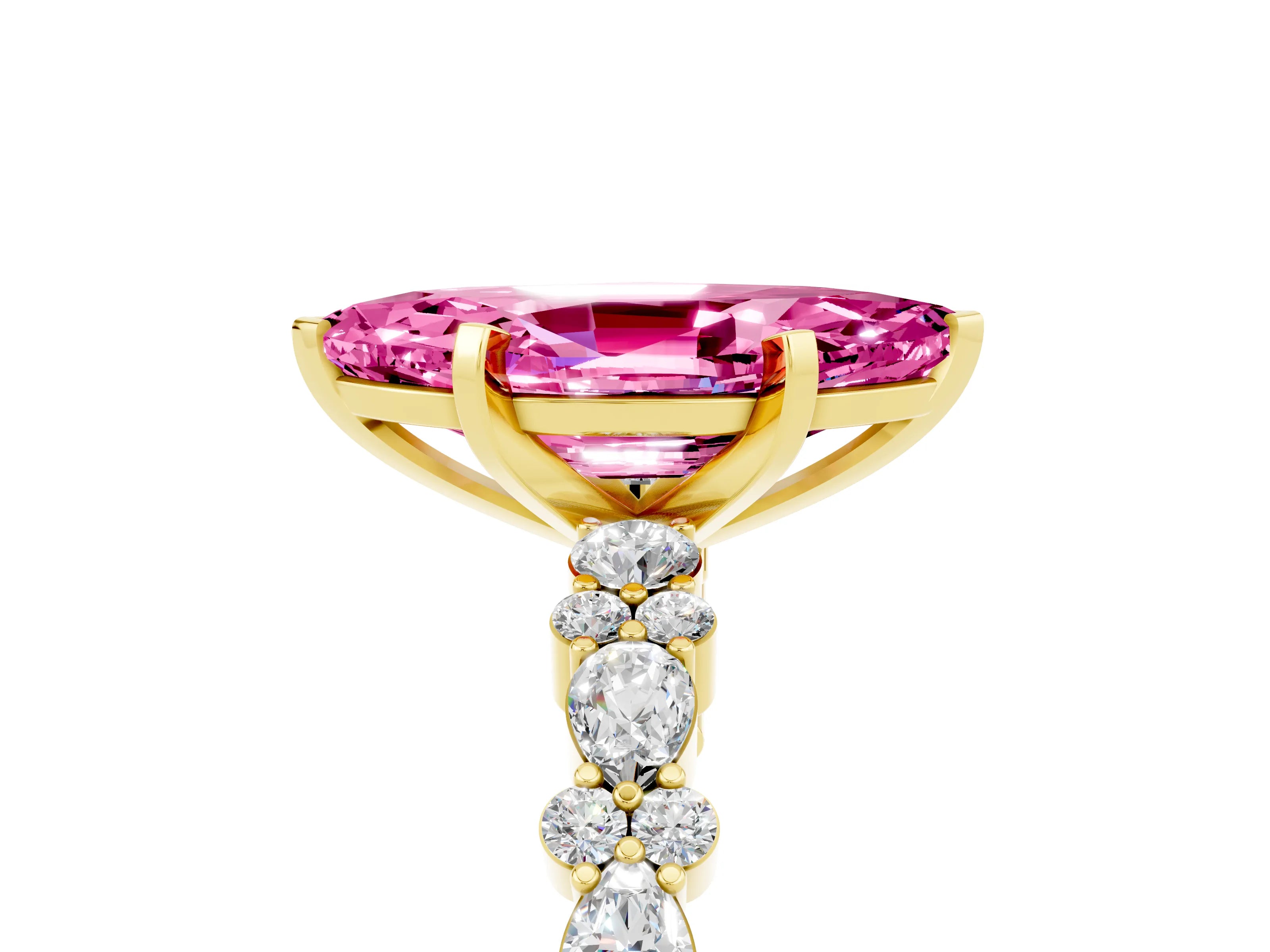 Yellow gold Marquise Cut Pink Sapphire Solitaire with Side Stones, Pave Band, Four-Prong Setting_65