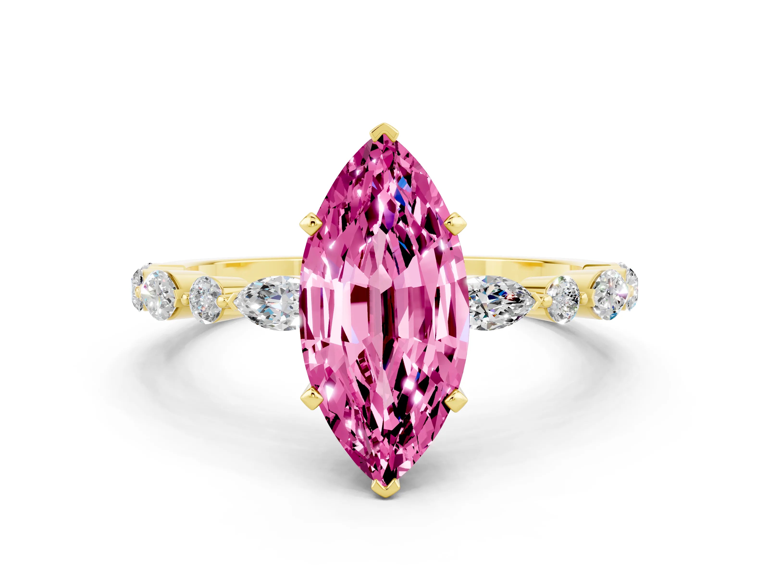 Yellow gold Marquise Cut Pink Sapphire Solitaire with Side Stones on a Pavé Band and Four-Prong Setting_24
