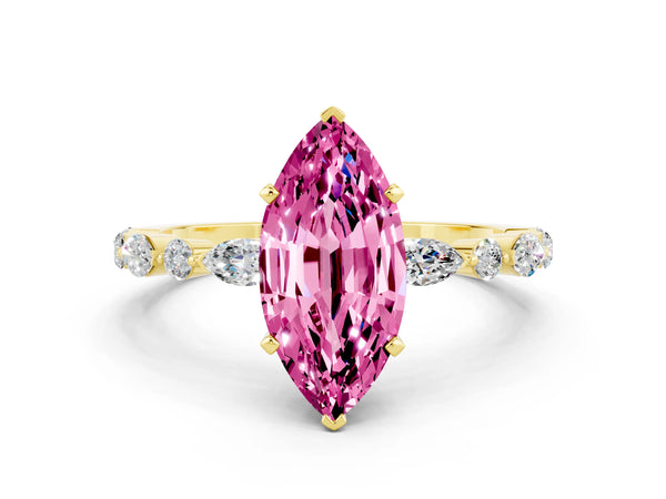 Yellow gold Marquise Cut Pink Sapphire Ring with Marquise and Round  Side Stones and Four-Prong Setting