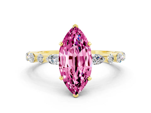Yellow gold Marquise Cut Pink Sapphire Solitaire with Side Stones on a Pavé Band and Four-Prong Setting_24