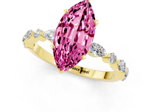 Yellow gold Marquise Cut Pink Sapphire Solitaire with Side Stones on a Pavé Band and Four-Prong Setting_25