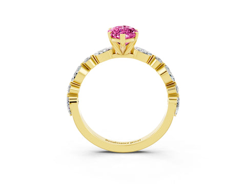 Yellow gold Marquise Cut Pink Sapphire Solitaire with Side Stones on a Pavé Band and Four-Prong Setting_27
