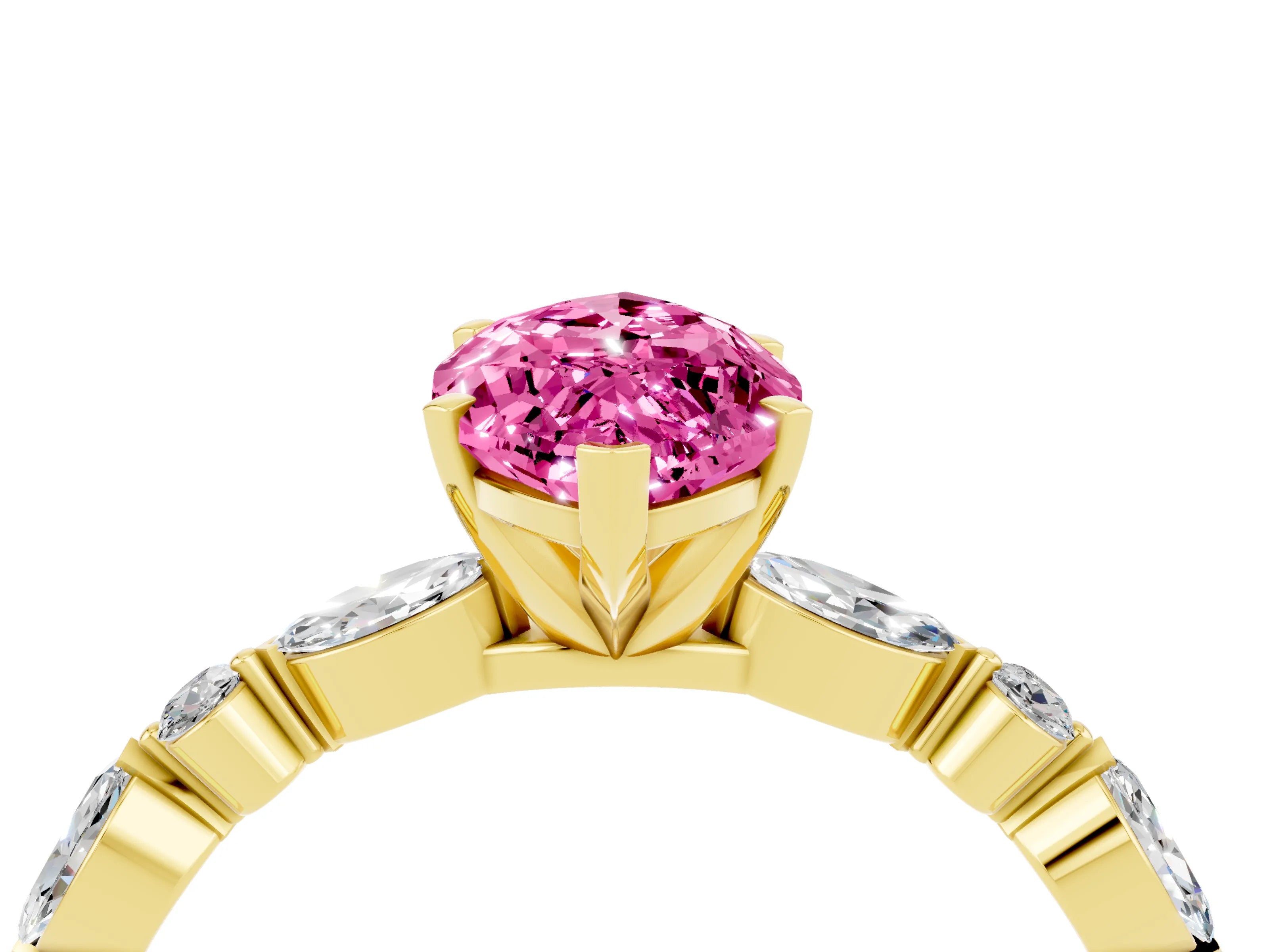 Yellow gold Marquise Cut Pink Sapphire Solitaire with Side Stones on a Pavé Band and Four-Prong Setting_28