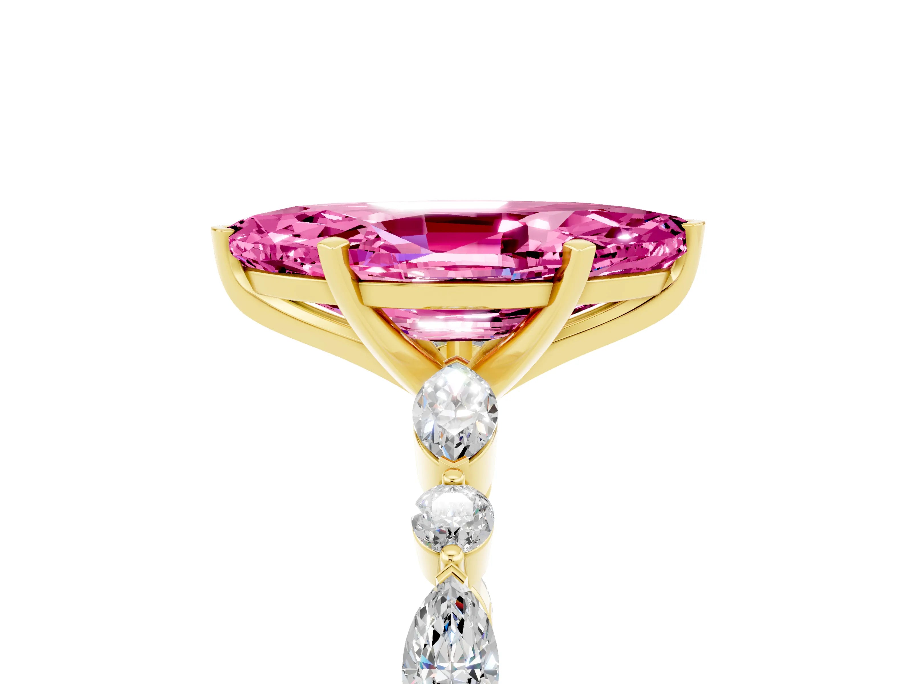 Yellow gold Marquise Cut Pink Sapphire Solitaire with Side Stones on a Pavé Band and Four-Prong Setting_29
