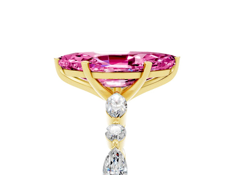 Yellow gold Marquise Cut Pink Sapphire Solitaire with Side Stones on a Pavé Band and Four-Prong Setting_29