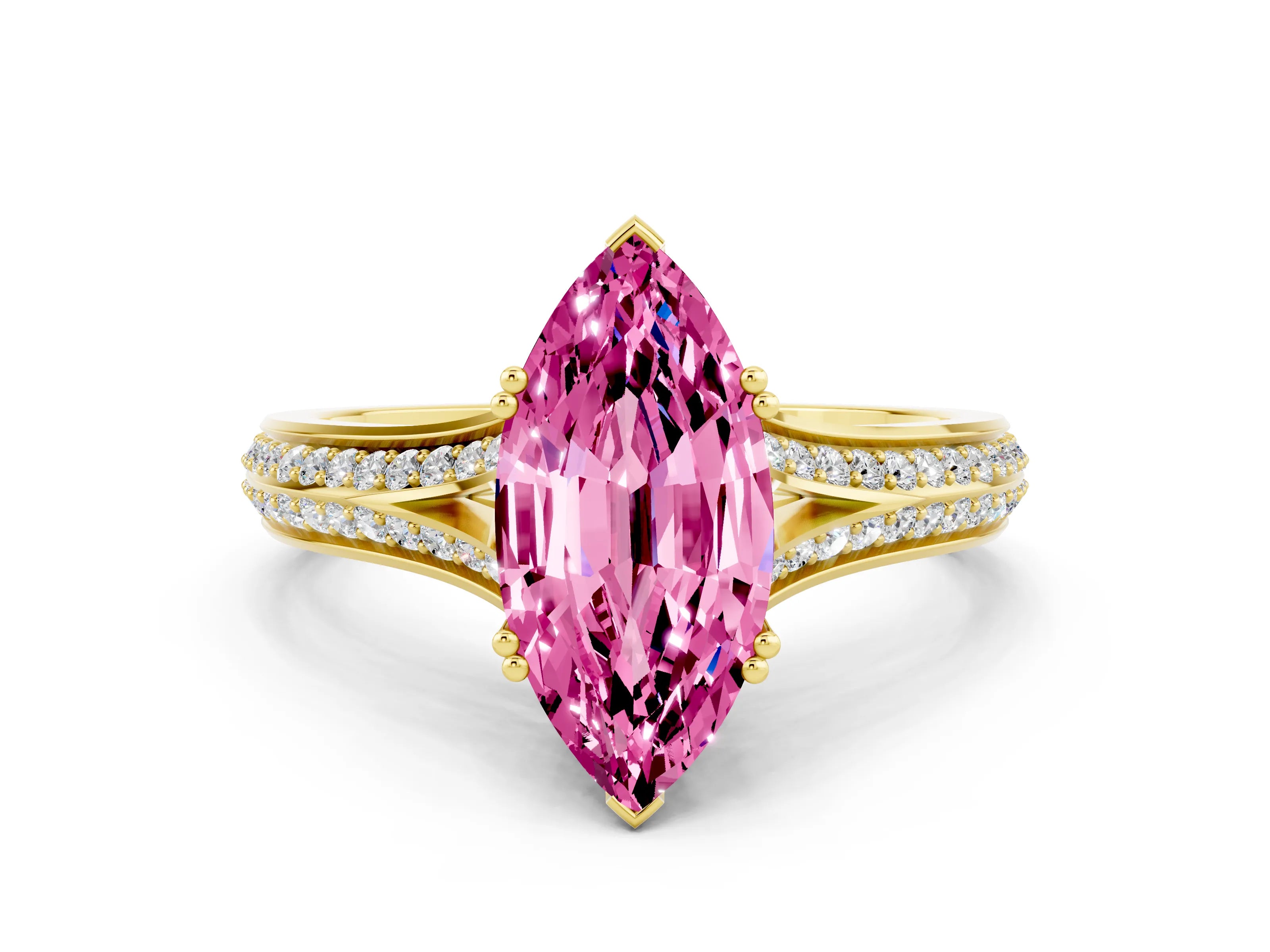 Yellow gold Marquise Cut Pink Sapphire Split Shank Engagement Ring with Pavé Band_24