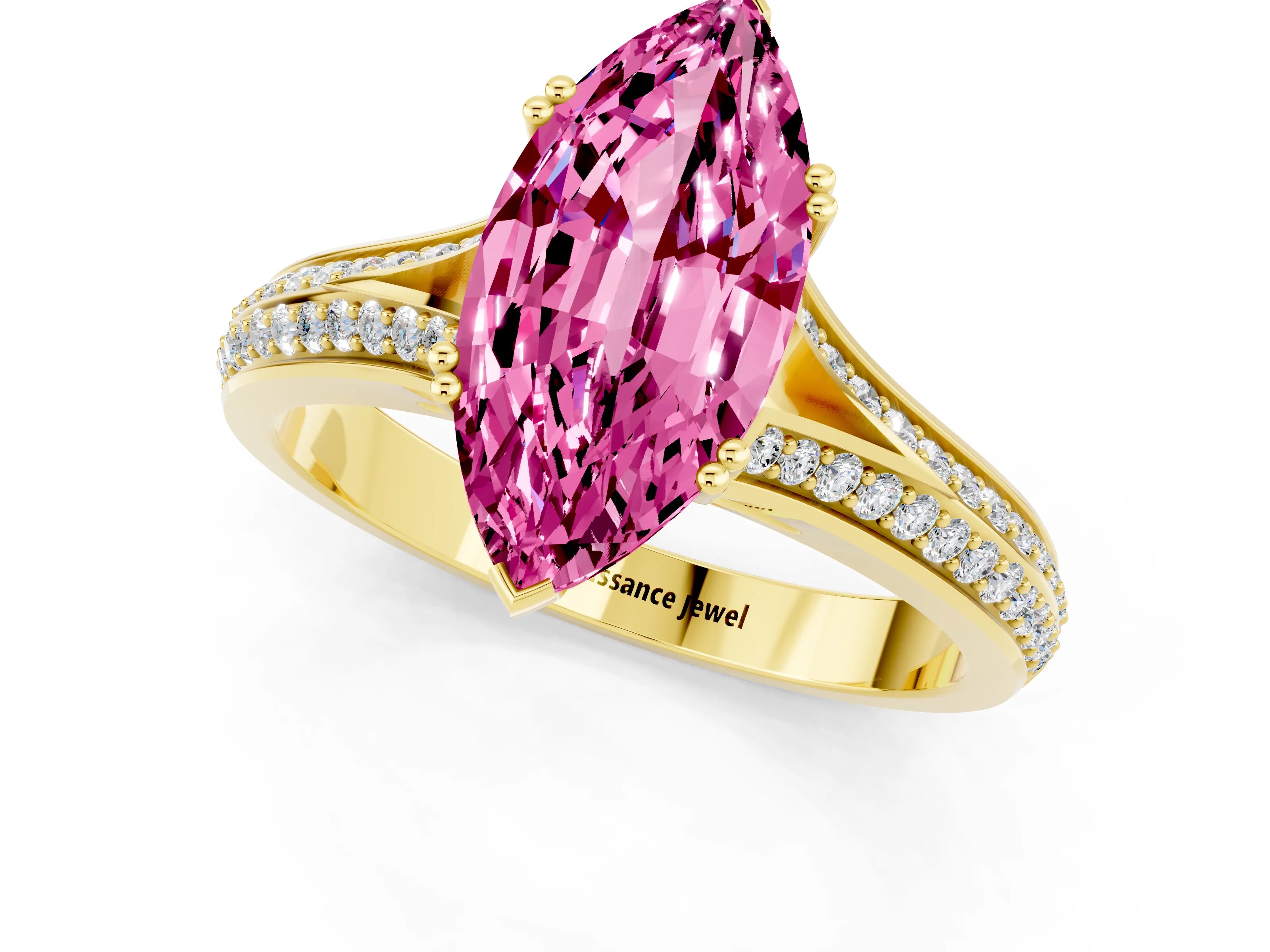 Yellow gold Marquise Cut Pink Sapphire Split Shank Engagement Ring with Pavé Band_25