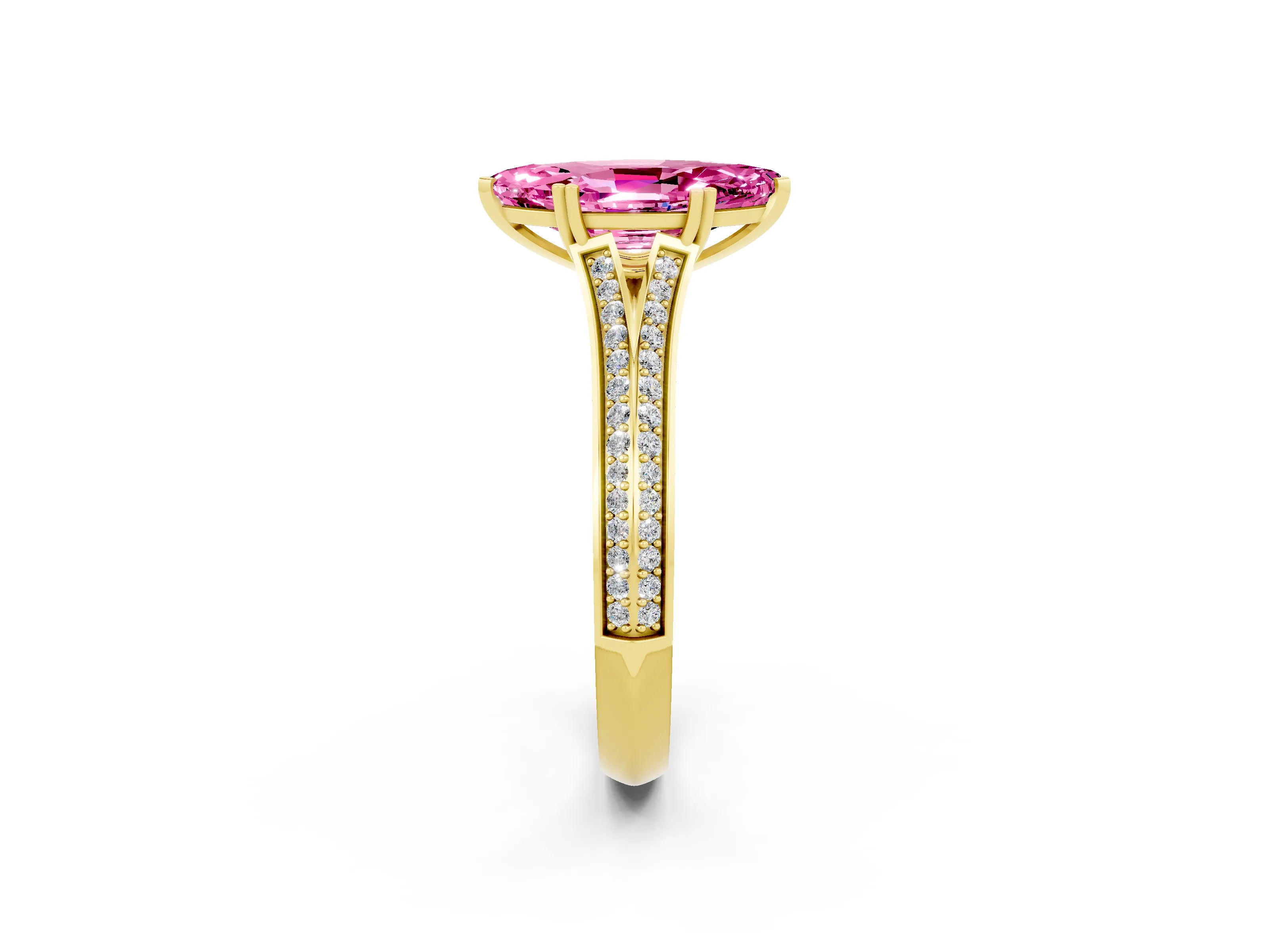 Yellow gold Marquise Cut Pink Sapphire Split Shank Engagement Ring with Pavé Band_26